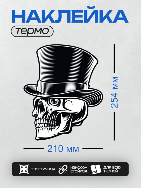 Термонаклейка на одежду DTF / Череп в цилиндре, выполненный в черно-белом стиле.