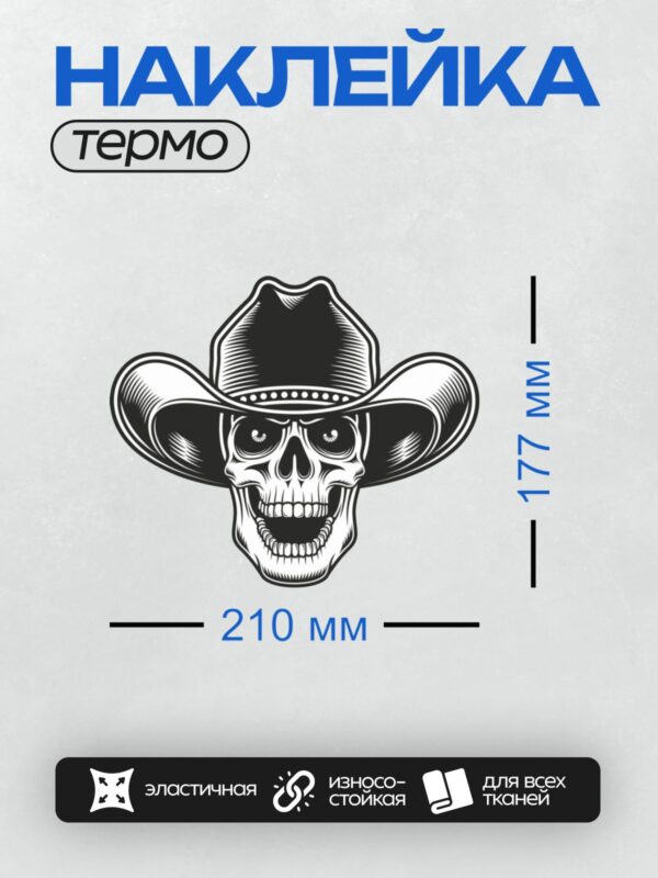 Термонаклейка на одежду DTF / Череп в ковбойской шляпе с декоративными элементами.