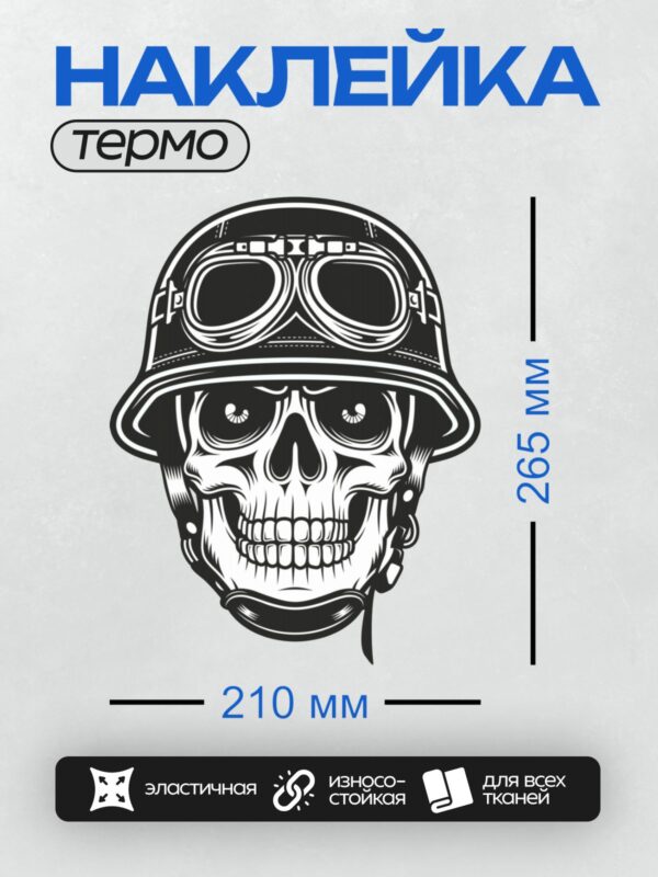 Термонаклейка на одежду DTF / Череп в шлеме с очками, стилизованный, черно-белый.