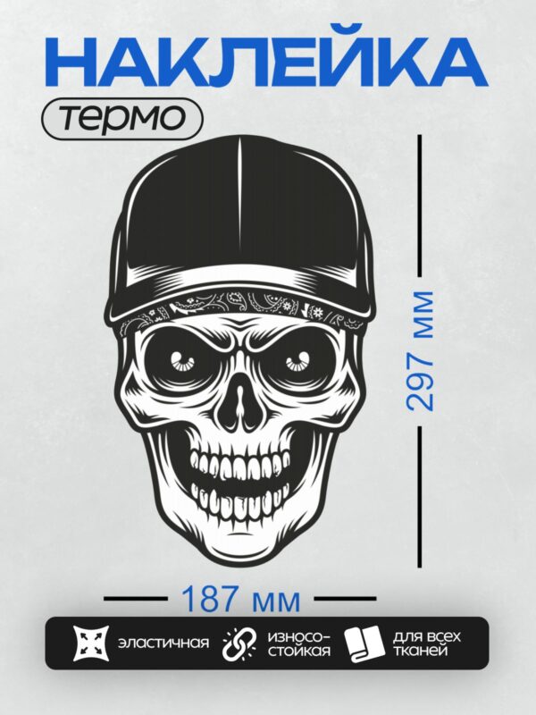 Термонаклейка на одежду DTF / Череп в кепке с банданой, стилизованный рисунок.