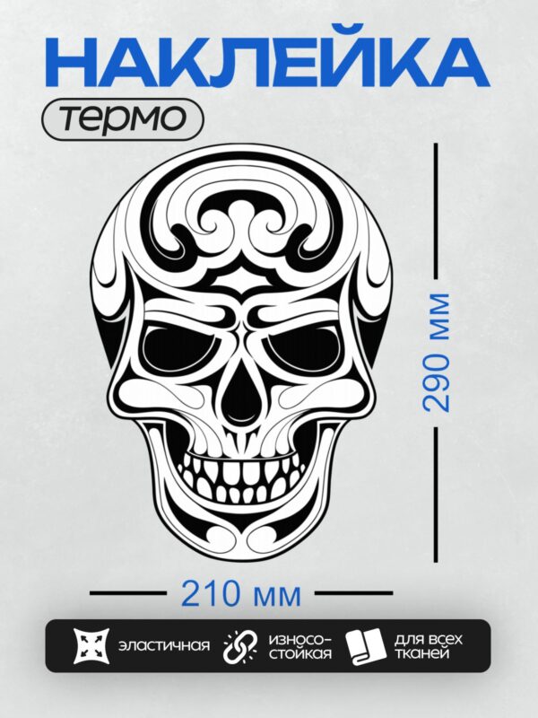 Термонаклейка на одежду DTF / Стилизованный череп в черно-белых тонах с абстрактными элементами.