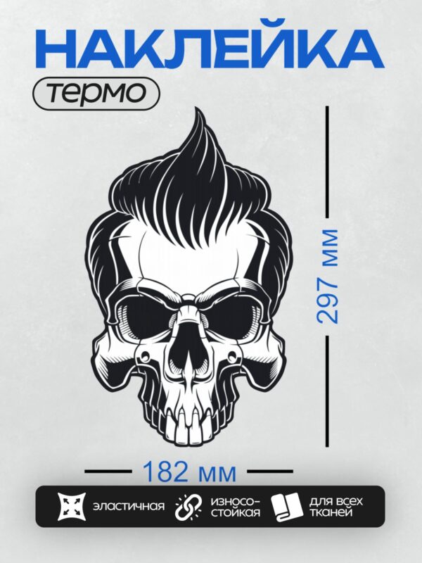 Термонаклейка на одежду DTF / Стилизованный череп с ирокезом, черно-белый.