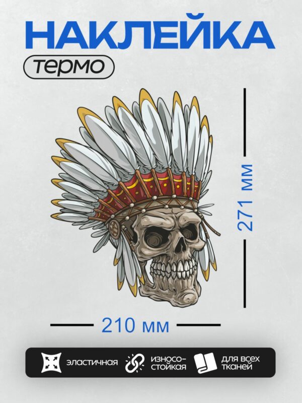 Термонаклейка на одежду DTF / Череп в индейском головном уборе с перьями.