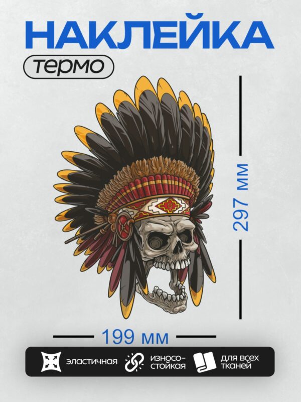 Термонаклейка на одежду DTF / Череп в индейском головном уборе с перьями.