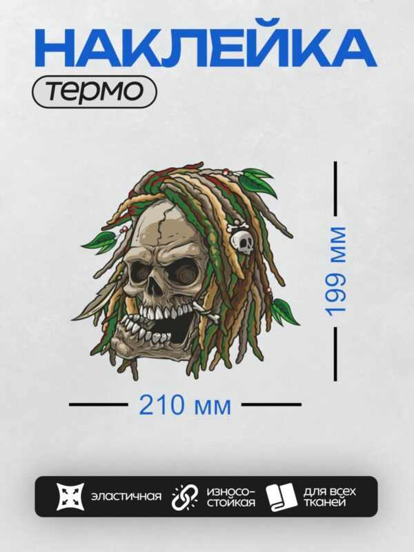 Термонаклейка на одежду DTF / Череп с дредами, украшенный листьями и черепом.