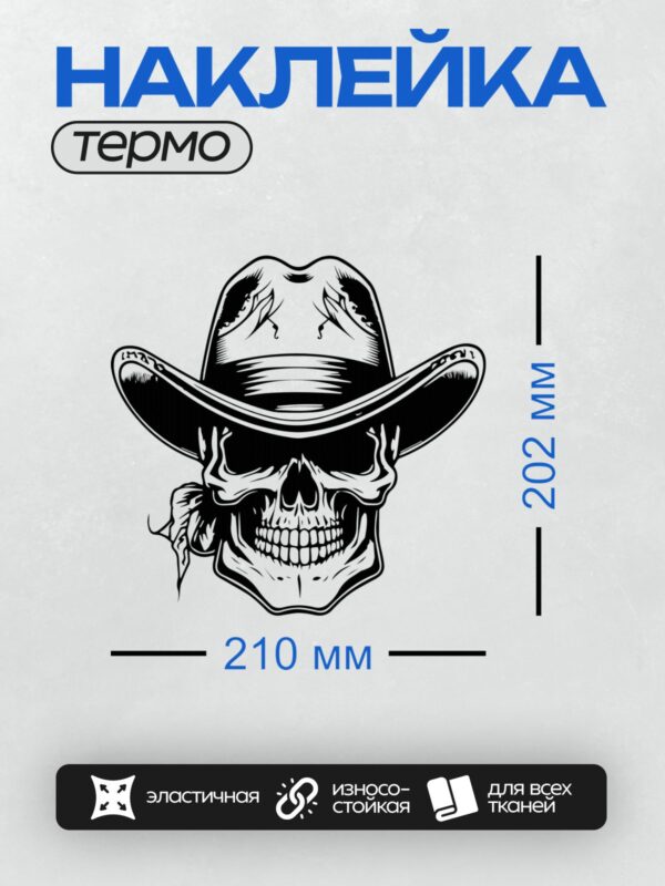 Термонаклейка на одежду DTF / Череп в ковбойской шляпе, стилизованный, черно-белый.