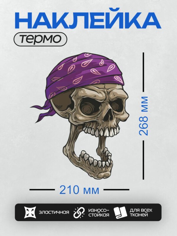 Термонаклейка на одежду DTF / Череп с открытым ртом в фиолетовой бандане.