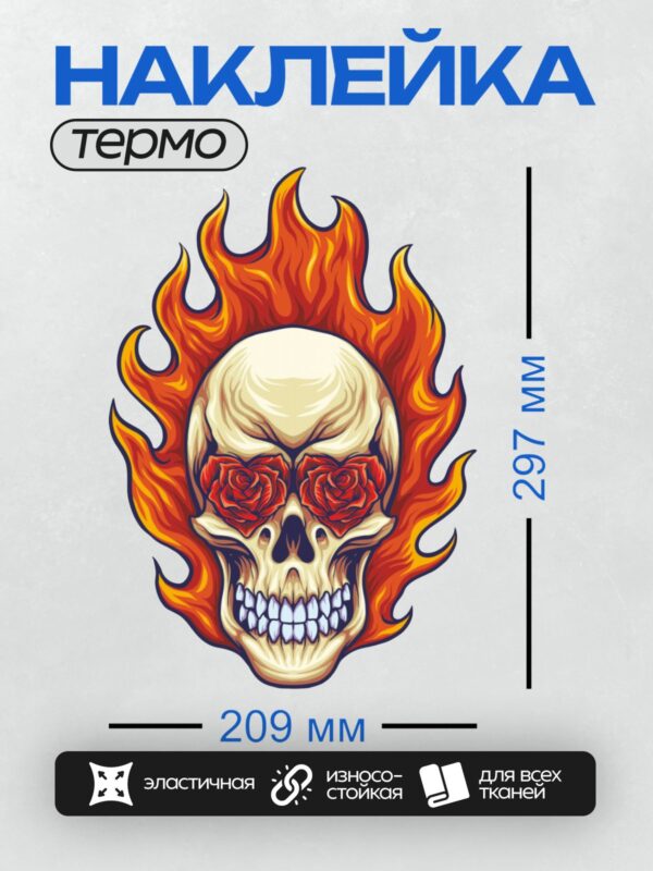 Термонаклейка на одежду DTF / Череп в огне с розами вместо глаз.