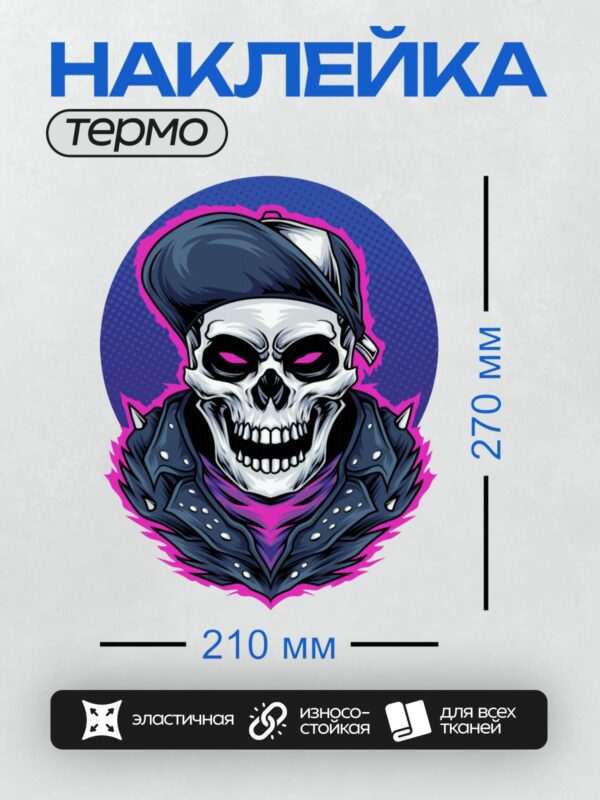Термонаклейка на одежду DTF / Стилизованный череп в черной кепке и куртке.