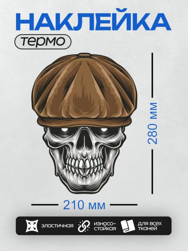 Термонаклейка на одежду DTF / Стилизованный череп в коричневой кепке, детализированный рисунок.