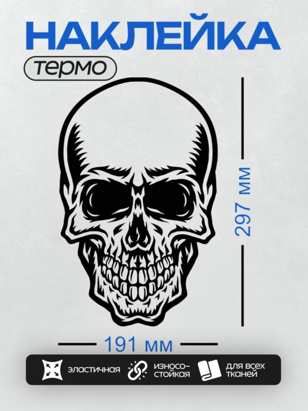 Термонаклейка на одежду DTF / Черно-белый череп в векторном стиле.