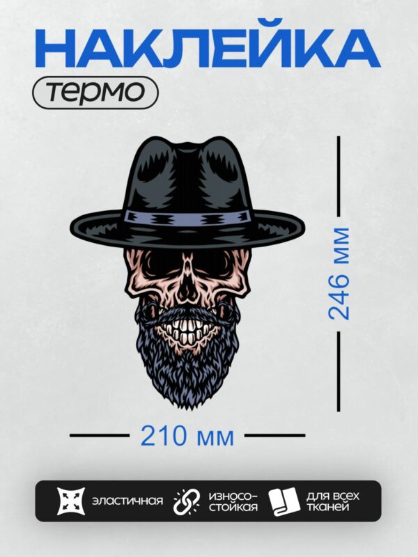 Термонаклейка на одежду DTF / Череп в шляпе с густой бородой и усами.