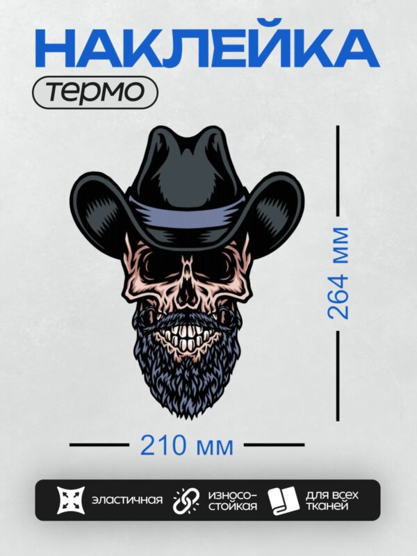 Термонаклейка на одежду DTF / Череп в ковбойской шляпе с густой бородой.