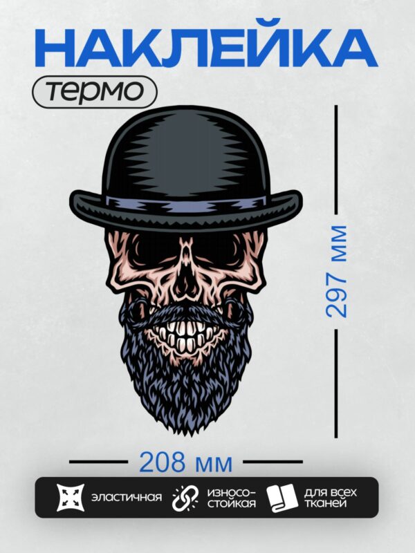 Термонаклейка на одежду DTF / Череп в котелке с густой бородой и усами.