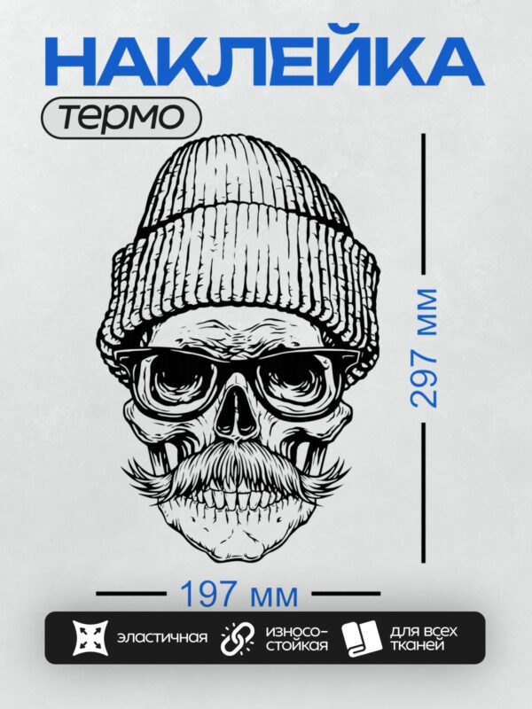 Термонаклейка на одежду DTF / Череп в шапке с усами и очками, стилизованный.