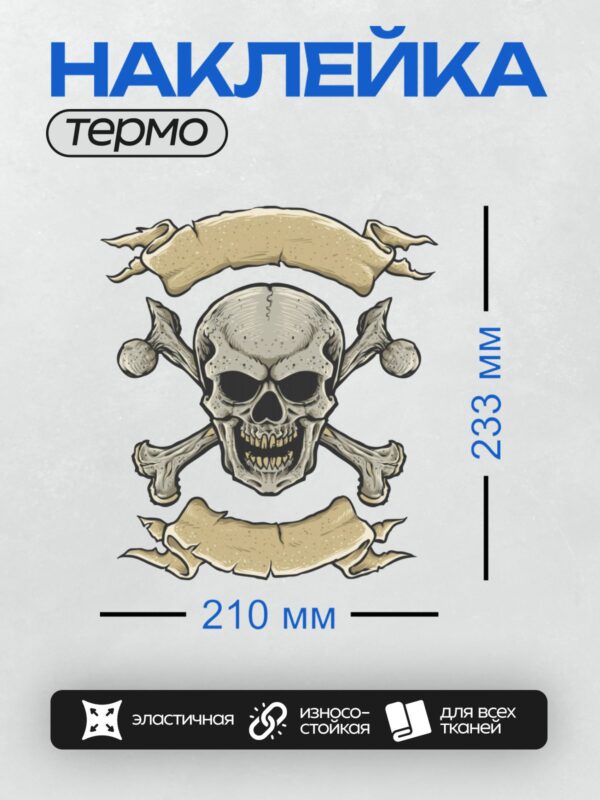 Термонаклейка на одежду DTF / Череп с костями и лентами в пиратском стиле.