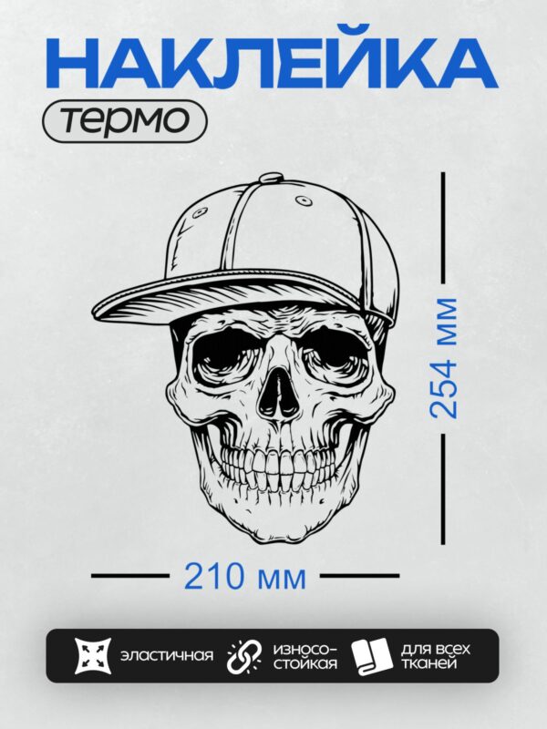 Термонаклейка на одежду DTF / Череп в кепке, выполненный в стиле графического рисунка.