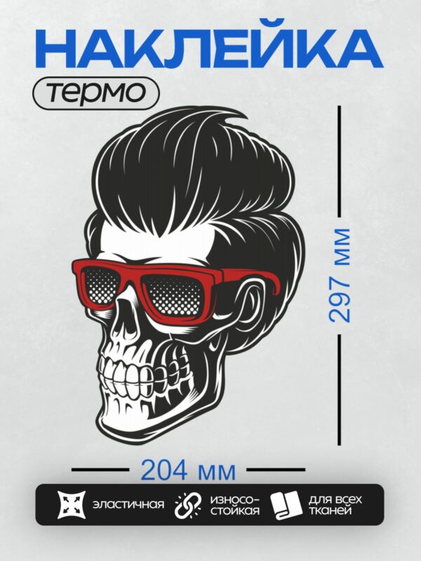 Термонаклейка на одежду DTF / Череп с красными очками и прической помпадур.