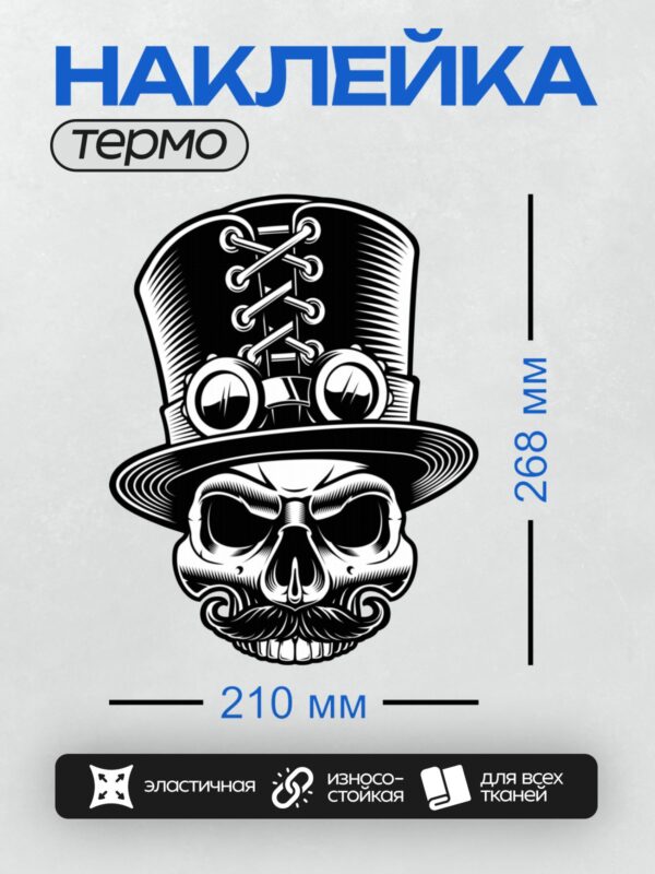 Термонаклейка на одежду DTF / Череп в цилиндре с усами и очками в стиле стимпанк.