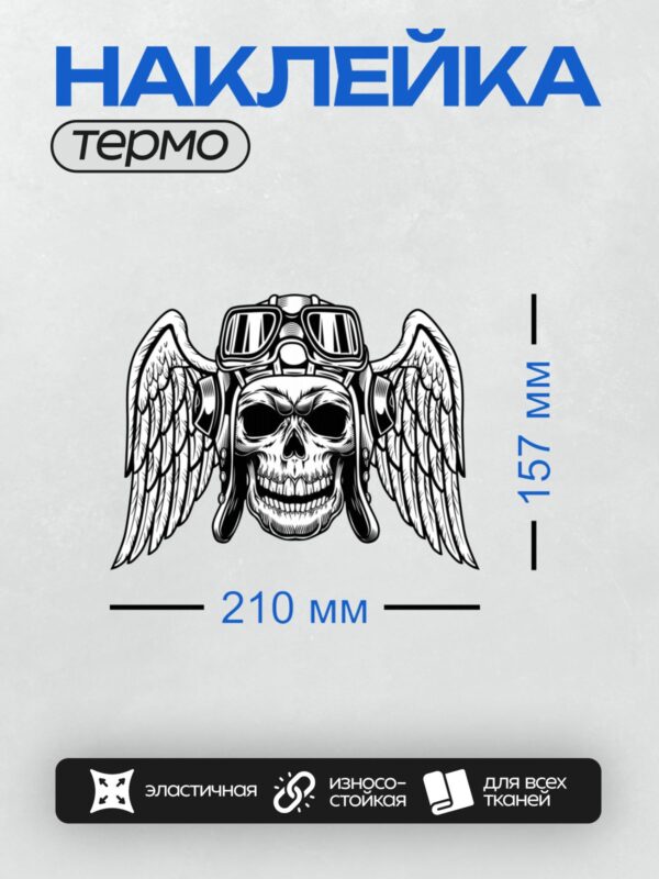 Термонаклейка на одежду DTF / Череп в пилотском шлеме с крыльями, черно-белый стиль.