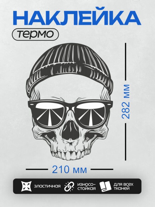 Термонаклейка на одежду DTF / Череп в шапке и очках, стилизованный рисунок.