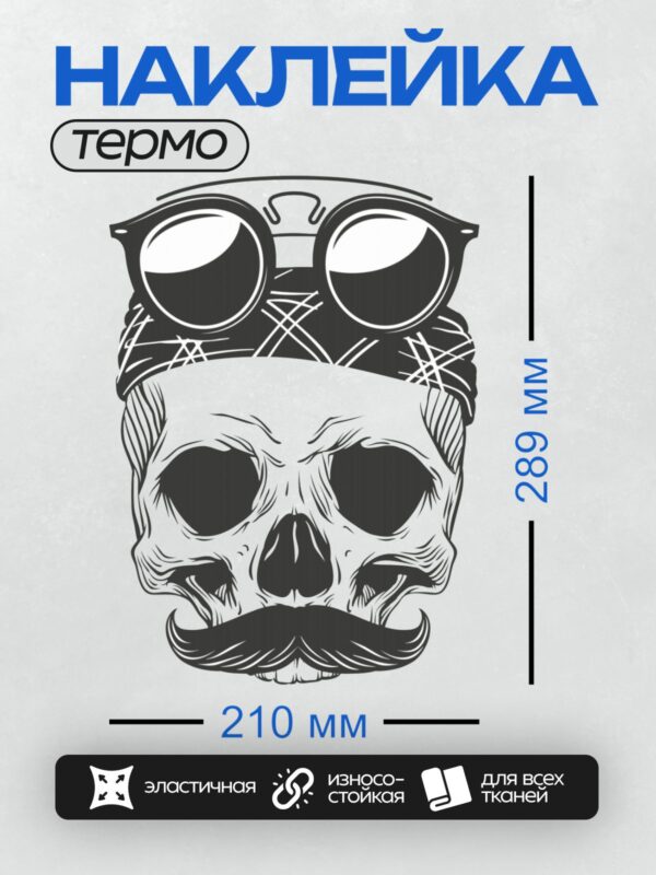 Термонаклейка на одежду DTF / Череп с усами, в бандане и очках, стильный и дерзкий.