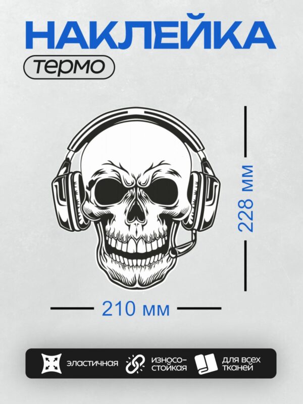 Термонаклейка на одежду DTF / Стилизованный череп в наушниках, черно-белый рисунок.