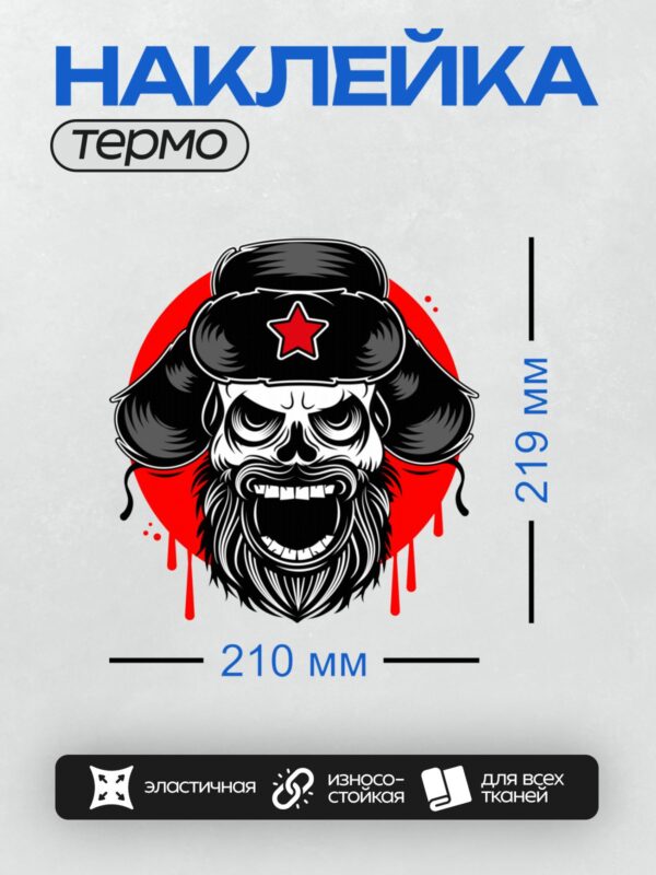 Термонаклейка на одежду DTF / Череп в шапке-ушанке с красной звездой, стилизованный рисунок.
