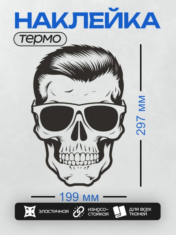 Термонаклейка на одежду DTF / Черно-белый череп в черных очках и с прической.