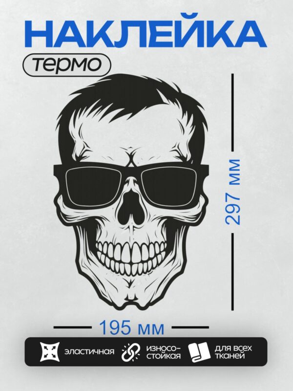 Термонаклейка на одежду DTF / Череп в стильных очках с акцентом на зубы.