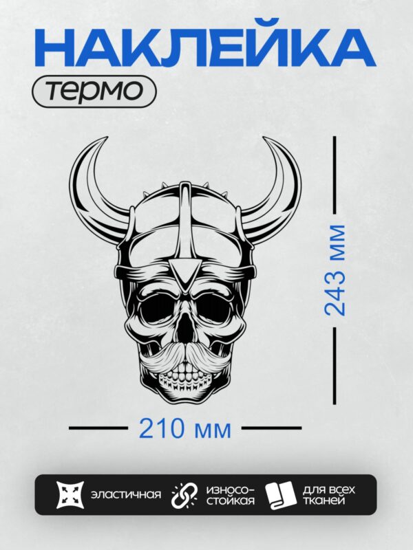 Термонаклейка на одежду DTF / Череп в шлеме викинга с рогами и усами.