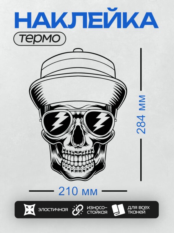 Термонаклейка на одежду DTF / Череп в панаме с молниями в очках.