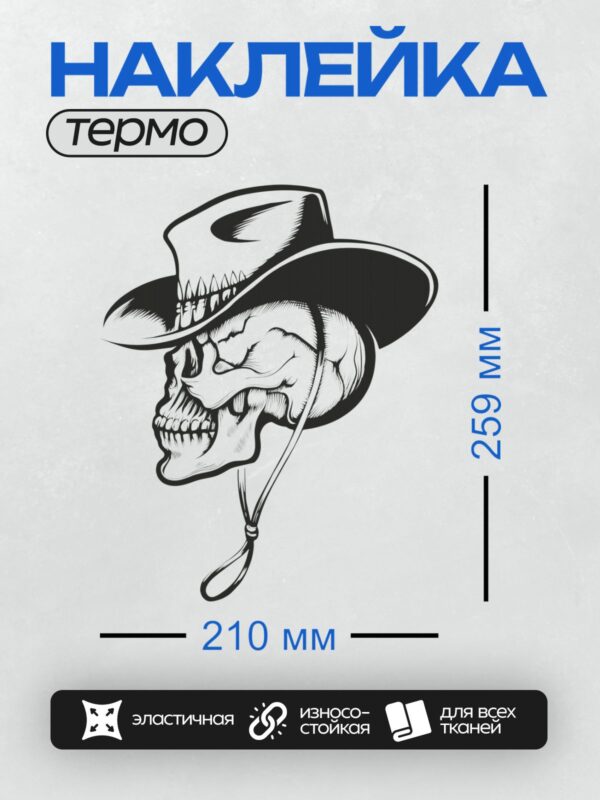 Термонаклейка на одежду DTF / Череп в ковбойской шляпе с декоративными элементами.