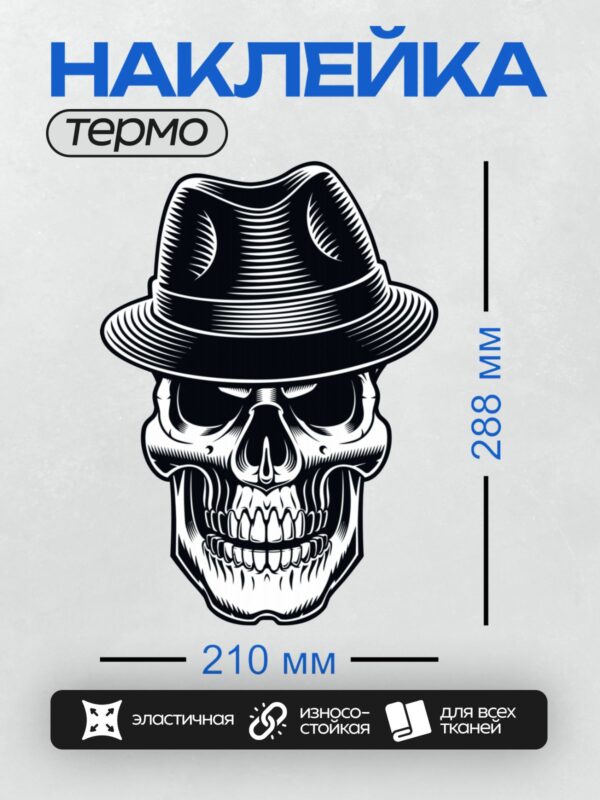 Термонаклейка на одежду DTF / Череп в шляпе федора, стилизованный рисунок.