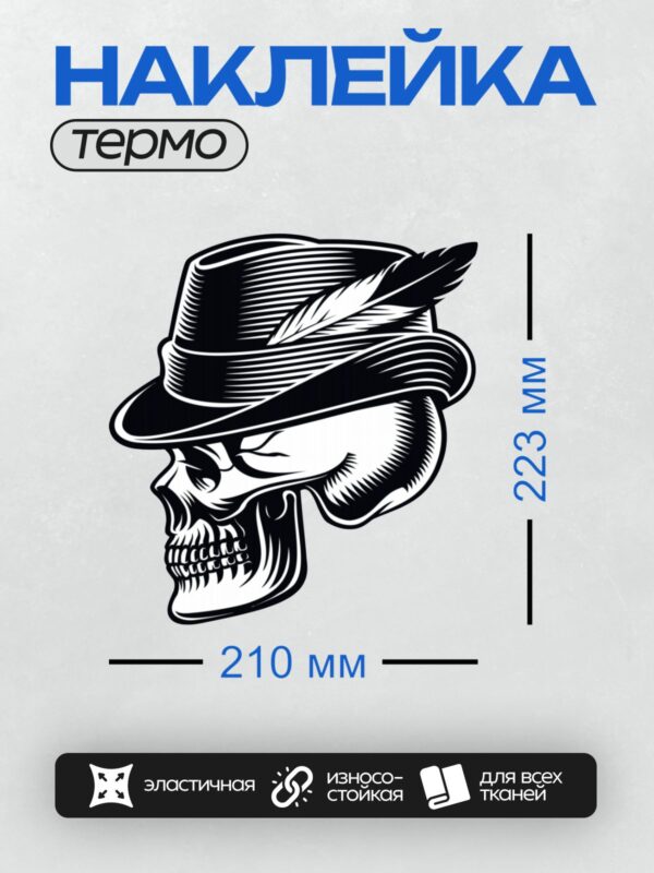 Термонаклейка на одежду DTF / Стилизованный череп в шляпе с пером, черно-белый рисунок.
