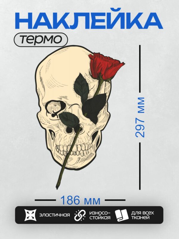 Термонаклейка на одежду DTF / Череп с красной розой и черными листьями.