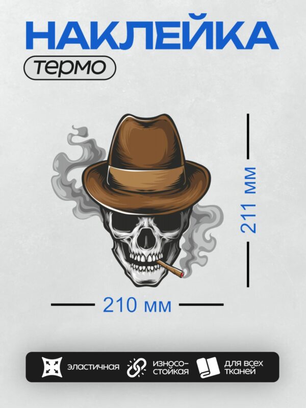 Термонаклейка на одежду DTF / Череп в шляпе с сигарой и дымом.