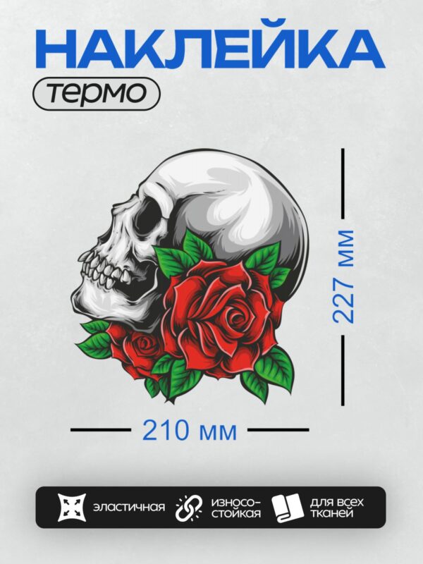 Термонаклейка на одежду DTF / Череп с яркими красными розами и зелеными листьями.