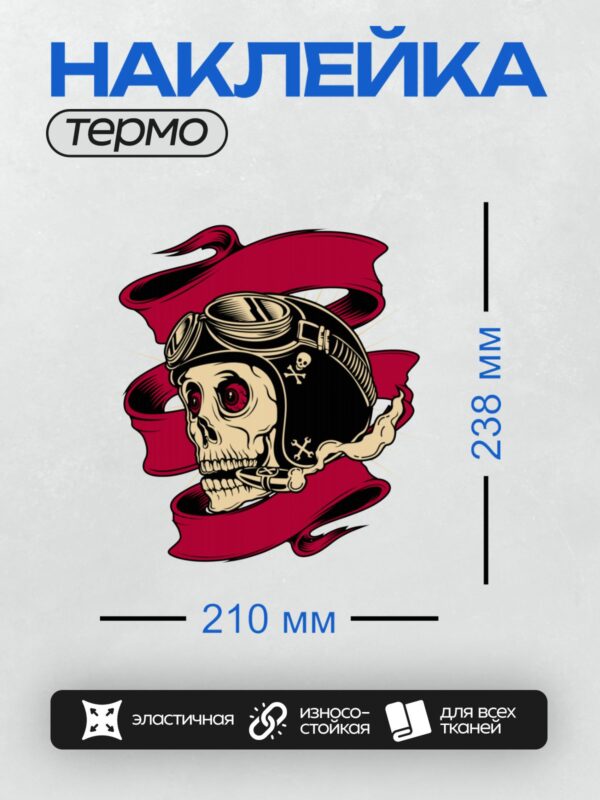 Термонаклейка на одежду DTF / Череп в шлеме с очками и красной лентой.