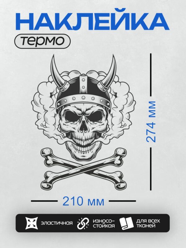 Термонаклейка на одежду DTF / Череп в шлеме викинга с костями и дымом.