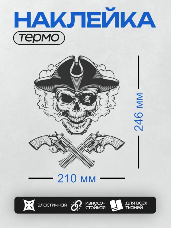 Термонаклейка на одежду DTF / Череп в пиратской шляпе, повязка на глазу, скрещенные револьверы.
