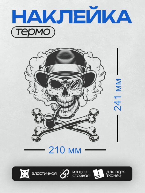 Термонаклейка на одежду DTF / Череп в шляпе, с моноклем, трубкой и костями.