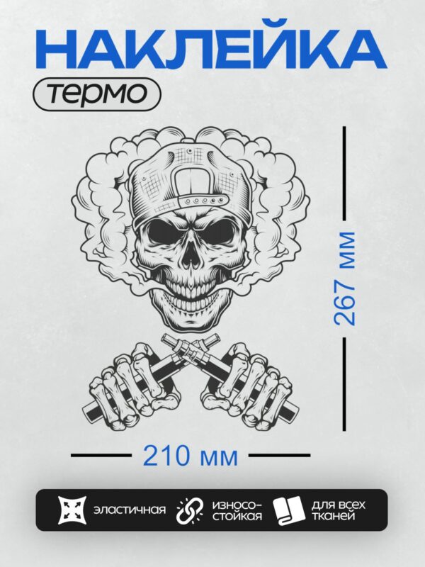 Термонаклейка на одежду DTF / Череп в бейсболке, дым, два вейпа, скрещённые кости.