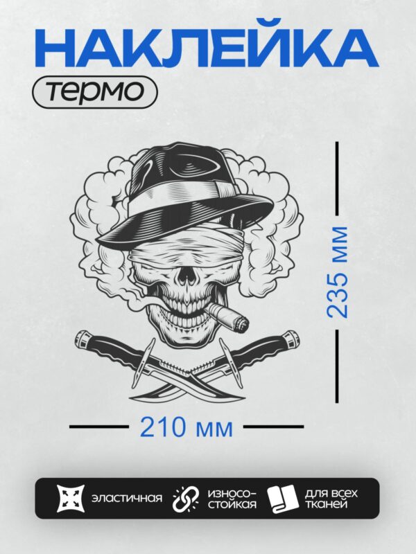 Термонаклейка на одежду DTF / Череп в шляпе, сигара, скрещённые ножи, дым.