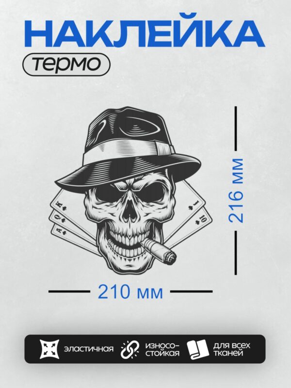 Термонаклейка на одежду DTF / Череп в шляпе, сигара, игральные карты.