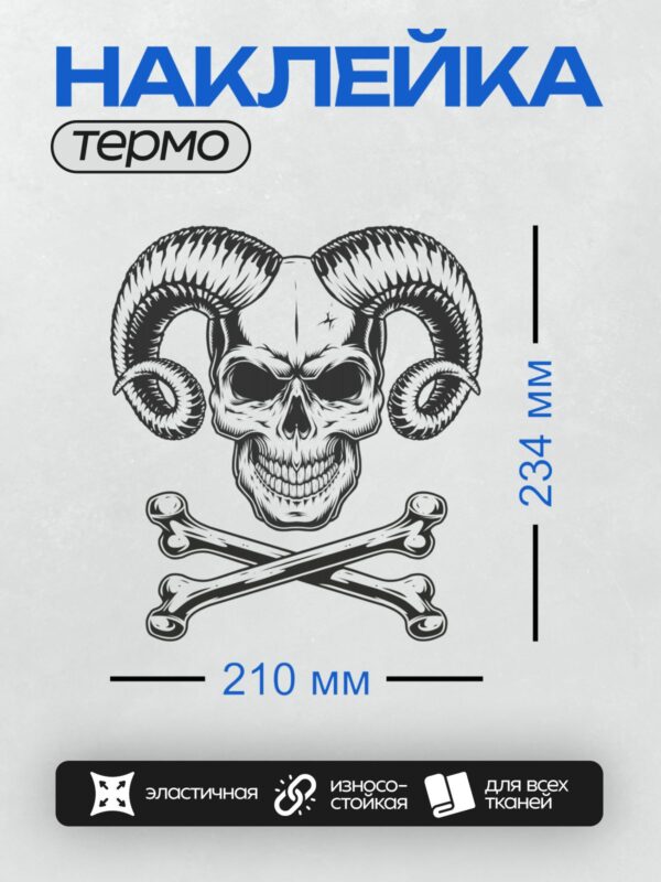 Термонаклейка на одежду DTF / Череп с рогами и перекрещенные кости.