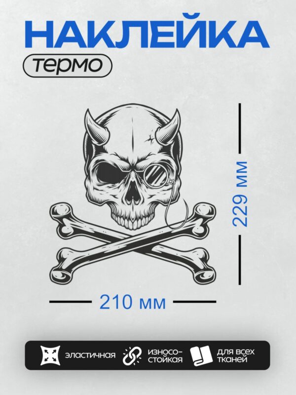 Термонаклейка на одежду DTF / Череп с рогами и скрещённые кости.