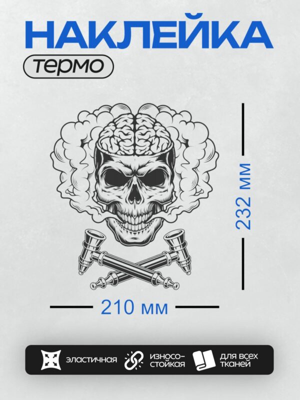 Термонаклейка на одежду DTF / Череп с мозгом, окружённый дымом, и две скрещённые курительные трубки.