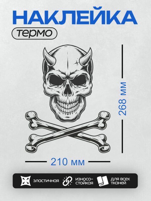 Термонаклейка на одежду DTF / Череп с рогами и скрещённые кости.