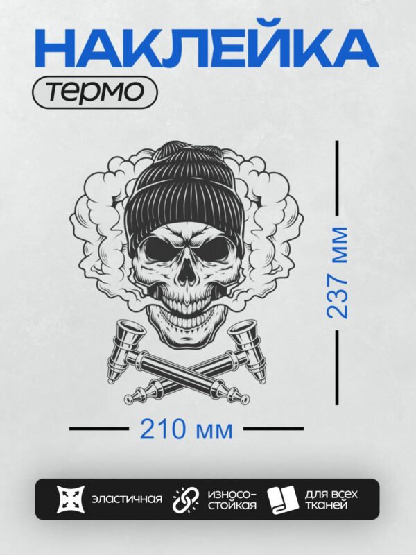 Термонаклейка на одежду DTF / Череп в шапке, окружённый дымом и трубками.